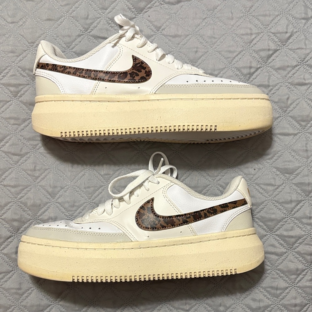 Womens Size 10 Nike Cream and White Sneakers with Leopard Swoosh